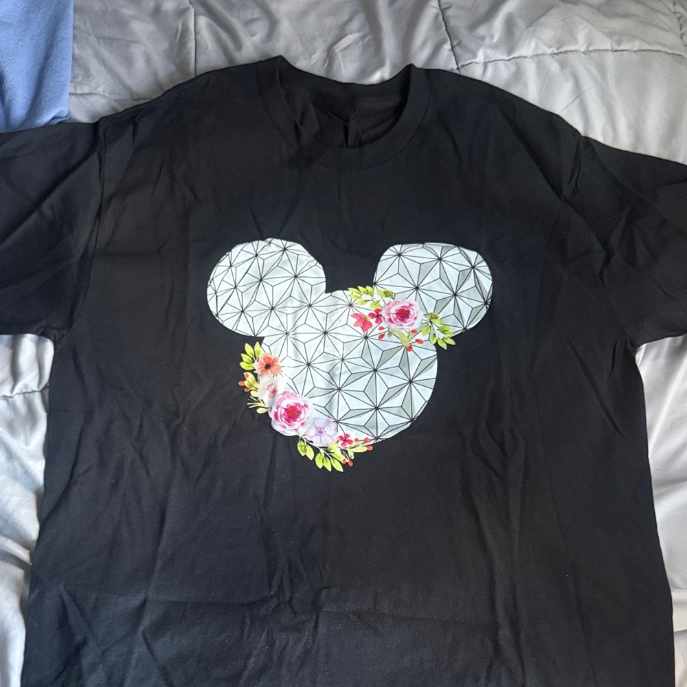 Black T-Shirt with Floral Mickey Design